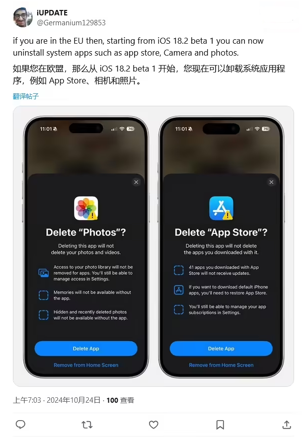 嘉陵苹果手机维修分享iOS 18.2 支持删除 App Store 应用商店 